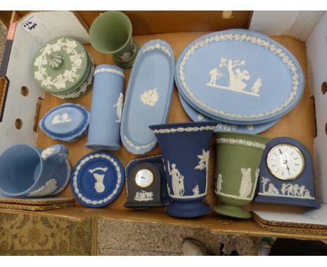 A Collection of Wedgwood Jasperware to include Blue, Kings Blue, Sage Green etc. Vases, trinket dishes, clocks, oval dish (1 