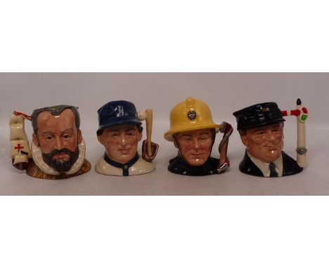 4 Small Royal Doulton Character Jugs to include Engine Driver D6823, King Phillip 2 of Spain D6822, Baseball Player D6878 &am