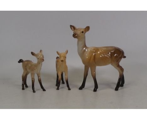 A Beswick Group of Deer including Model No. 999A Light Brown Gloss, Two Model No. 1000B Fawn's Tail Down Light Brown (3)