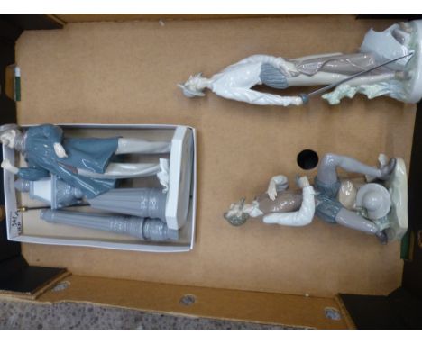 Three Lladro Figures to include Don Quixote (one with a/f sword) together with Lamp Lighter a/f (3)