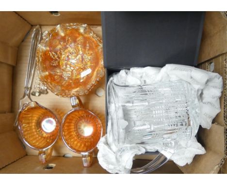 A Small Collection of Glassware to inlcude Boxed Waterford Jug together with two swizzle sticks, fork and carnival glass suga