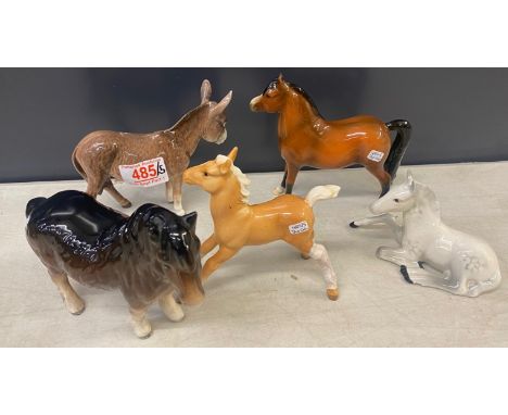 Beswick selection including A Donkey, Light Grey Mottled Lying Foal, Stretched Pony Light Brown, Shetland Pony No.1033, And B