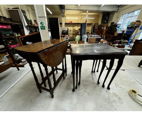 Miniature Oak Gate Leg Table H61cm together with dark oak glass topped nest of 3 tables H55cm