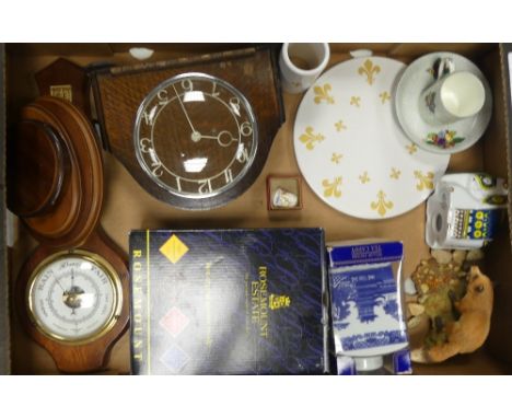 A Mixed collection of items to include Art Deco Mantle Clock, Willow Pattern Tea Caddy Boxed, Barometer, Crown Staffordshire 