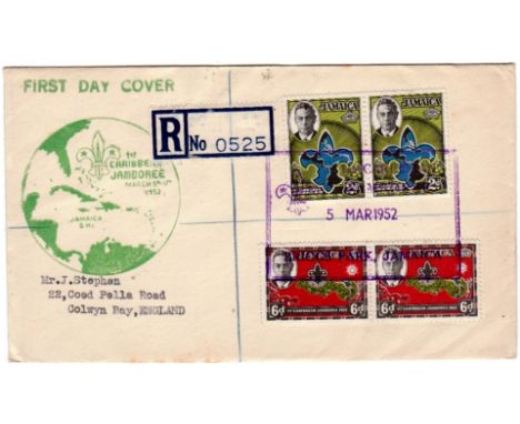 Jamaica 1952 Scout Jamboree set an illustrated Caribbean Jamboree, First Day Covers + h/s.