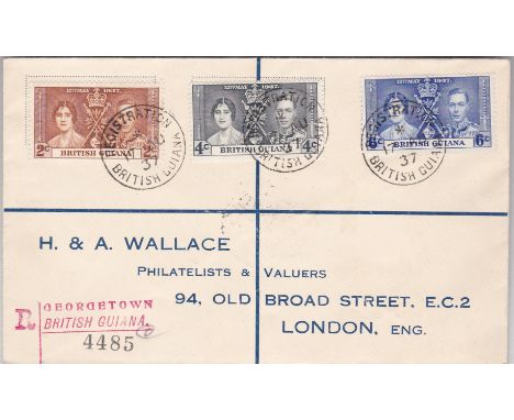 British Guiana 1937 (17th Aug) registered envelope with coronation set first day registration 6cds, George Town registration 