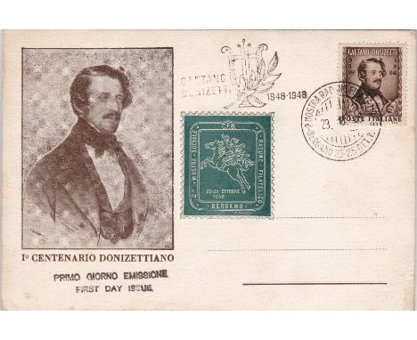 Italy/Music - 1948  Donizetti (composer) Centenary First Day Issue Postcard with special h/s and C.F.B. Society adhesive.