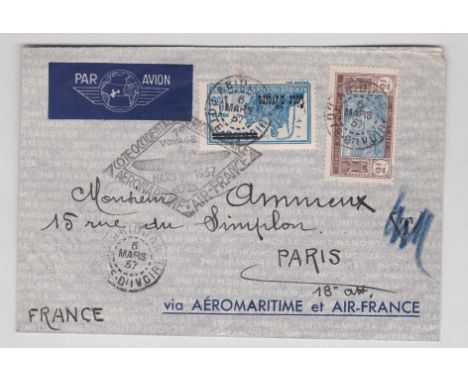 French Colonies Ivory Coast 1937 Aeromaritime and Air France First Flight cover to Paris - very fine