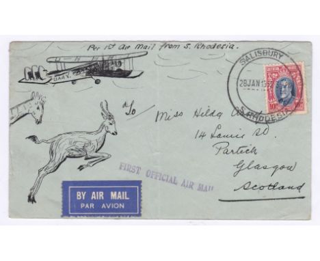 Southern Rhodesia - 1932 (28 Jan)  First Official Air Mail Cover, Salisbury to Scotland.  Hand illustrated.