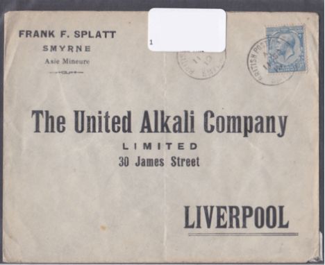 Turkey/Levant 1919 envelope Amyrna to England with British Postal Office Smyrna on GB 2½d. Printed France F. Splatt to United