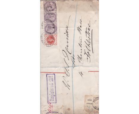 Great Britain 1895 - Envelope Registered 2d (boxed in purple and Oval 'R' No/O) Oxford Street and Folkestone, nice cover.