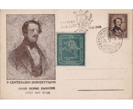 Italy/Music - 1948  Donizetti (composer) Centenary First Day Issue Postcard with special h/s and C.F.B. Society adhesive.