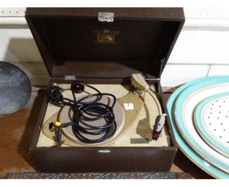     A Mid Century His Masters Voice Portable Record Player, Together With A Boxed Zeiss Flash Unit                           
