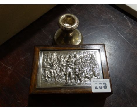     A Rosewood Trinket Box With Embossed Silver Lid, Together With A Weighted Silver Candlestick                             