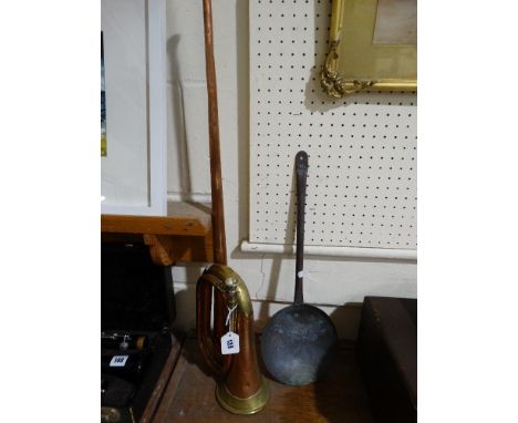    An Antique Copper Ladle, Marked VR, Together With A Regimental Bugle Etc        