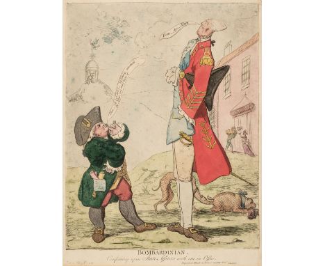 * Gillray (James, attrib.). Bombardinian, Conferring upon State Affairs with one in Office, circa 1779, hand-coloured etching
