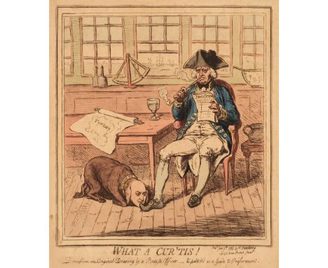 * Gillray (James). What a Cur'Tis!, H. Humphrey, June 9th 1795, etching with contemporary hand-colouring, toned and mount sta