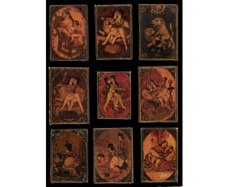 * Persian playing cards. As Nas cards, 19th century, a mixed collection of 27 hand-painted and laquered rectangular playing c