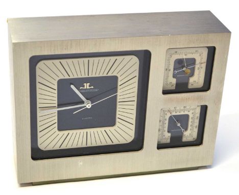1970's Jaeger-LeCoultre electric desk or bedside table clock/weather station, rectangular brushed steel case housing a square