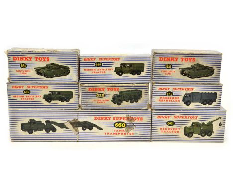 Eight boxed Dinky diecast military vehicles to include a 642 Pressure Refueller, 622 10-ton Army Truck, 660 Tank Transporter,