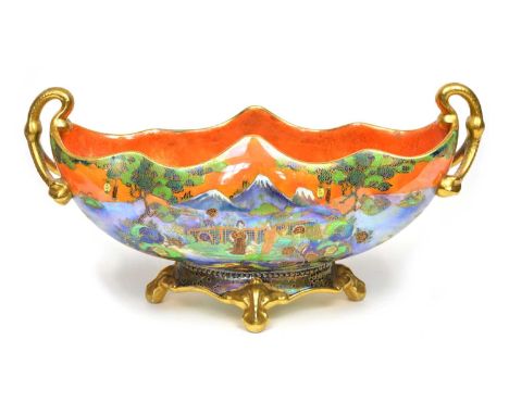 Carlton Chinaland twin handled gondola shaped bowl with pagodas, figures and a continuous mountainous lake landscape against 