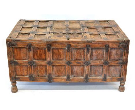 Early 20th century Indian Jaisalmer stick box, rectangular section with multiple panels secured by steel straps, top with sin