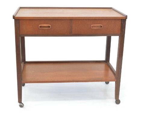 20th-century teak tea trolley, rectangular top with two drawers, single shelf below standing on shepherds casters.75cm (30") 