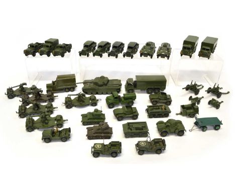 Unboxed Dinky military vehicles to include 622 10 ton Army Truck, (2x) 673 Scout Car, 643 Army Water Tanker, (x2) 152a light 