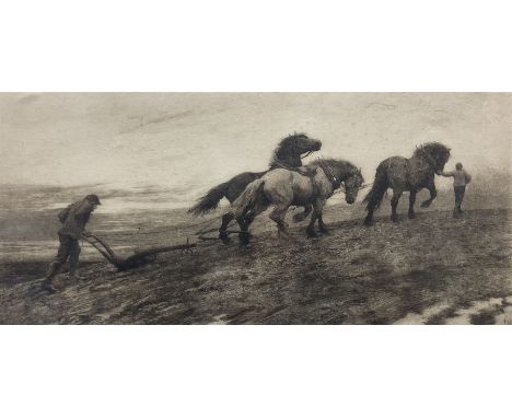 Herbert Dicksee (English 1862-1942): 'The Last Furrow', drypoint etching with drypoint pub. Frost &amp; Reed 1899, 25cm x 56c
