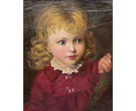 English School (Early 20th century): Portrait of a Girl in a Red Dress, oil on canvas laid onto board unsigned 34cm x 28cm