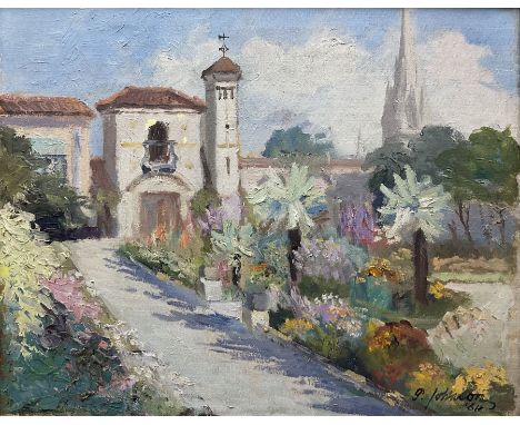 F Johnson (British 20th century): 'Roof Garden', oil on canvas signed and dated 1964, 39cm x 49cm