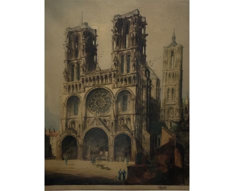William Monk (British 1863-1937): Laon Cathedral, etching with hand colouring signed 66cm x 53cm