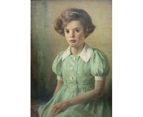 John Menzies (Scottish 1871-1939): Portrait of a Girl in a Green Dress, oil on canvas signed 61cm x 43cm