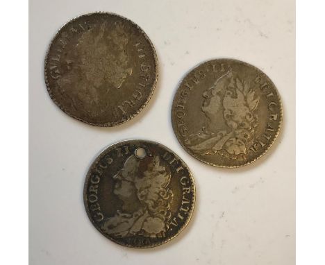 THREE SIXPENCE, WILLIAM III AND LATER. Sixpence: William III sixpence dated 1697, a George II Sixpence dated 1745, old laurea