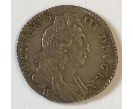 A WILLIAM III SIXPENCE. A William III Sixpence dated 1696, first draped bust r, B below the bust for the Bristol mint.