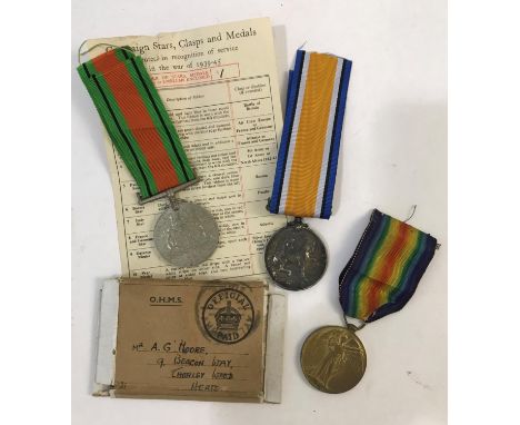 A FIRST WORLD WAR PAIR AND DEFENCE MEDAL. A Great War pair comprising War Medal and Victory Medal named to 37482 Pte A. Moore