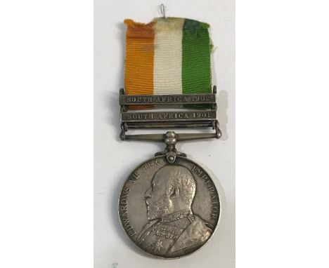 A KING'S SOUTH AFRICA MEDAL TO THE WELSH REGIMENT. A King's South Africa Medal with South Africa 1901 and 1902 clasps named t