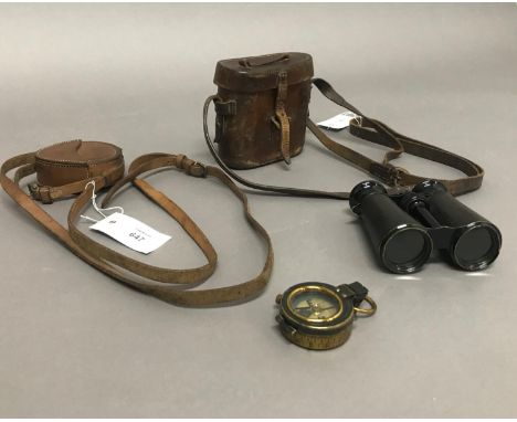 A FIRST WORLD WAR COMPASS AND SIMILAR BINOCULARS. A Verner's Pattrern compass by F.Darton &amp; Co. London, No.5955, 1913 wit