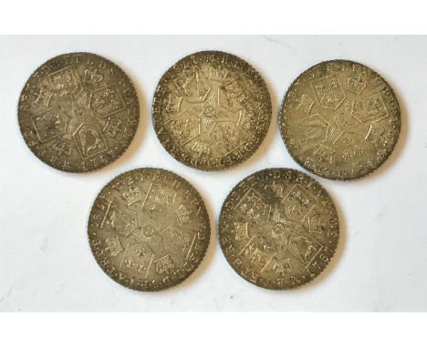 FIVE GEORGE III SHILLINGS. Five George III Shillings, all dated 1787 and without hearts, old laureate draped bust r, crowns i