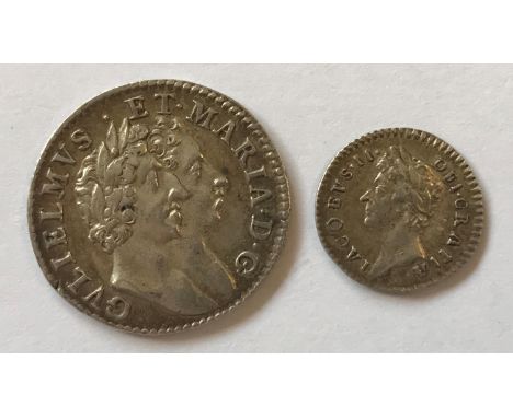A JAMES II PENNY AND WILLIAM AND MARY GROAT. A James II Penny dated 1686, laureate head l, and a William and Mary 4d dated 16
