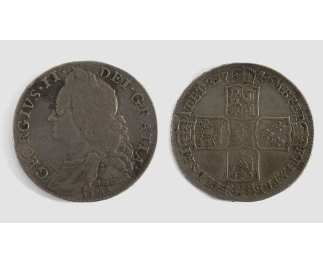 A GEORGE II LIMA HALFCROWN. A George II Halfcrown dated 1746, old laureate and draped bust with Lima below, Regnal date to th