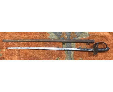 A VICTORIAN RIFLE OFFICER'S SWORD AND SCABBARD. An 1827 Pattern rifle officers sword, the 82cm pointed, fullered blade etched