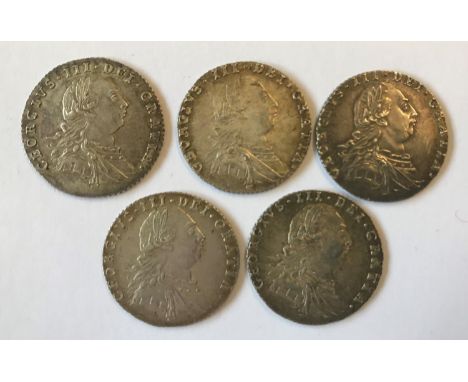 FIVE GEORGE III SIXPENCE. Five George III sixpence all dated 1787, laureate draped bust r, all without hearts. 5 coins.