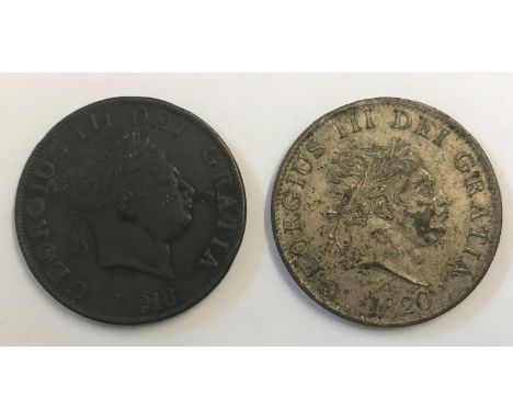 GEORGE III HALFCROWNS. George III Halfcrowns, 1818 and 1820, both small laureate head r, date below head. 2 coins.