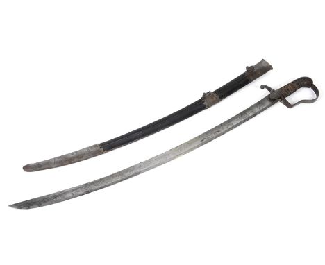 A 1796 PATTERN LIGHT CAVALRY SWORD AND SCABBARD, With a 74cm German made curving single sided blade with broad shallow fuller