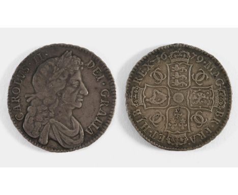 A CHARLES II HALFCROWN. A Charles II Halfcrown dated 1679, fourth draped bust r. interlinked Cs in angles, regnal date to the