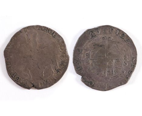 A CHARLES I HALFCROWN. A Charles I Halfcrown, the king on horseback with sash tied in a bow, sword in right hand, the tip to 