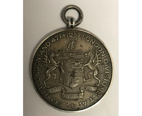 A 1934 SILVER CAMROSE CUP MEDAL. A shooting award, 56th (1st London) and 47th (2nd London) Divisions T.A. engraved to the rev