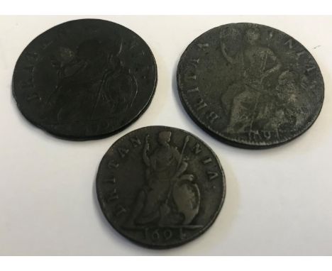 WILLIAM AND MARY COPPER AND SIMILAR. A William and Mary copper halfpenny, conjoined busts r, dated 1694, a similar farthing d
