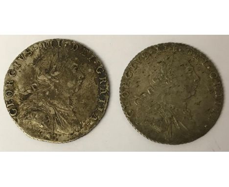 TWO GEORGE III SIXPENCE. George III Sixpence, both dated 1787, laureate draped bust r, one with semee of hearts, the other wi